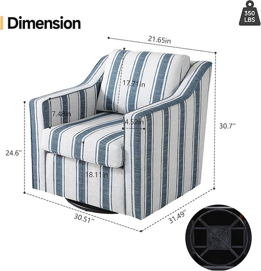 Pia Ricco 360° Swivel Accent Chair, Oversized Modern Striped Fabric Armchair with Removable Cover for Living Room and Reception,Navy