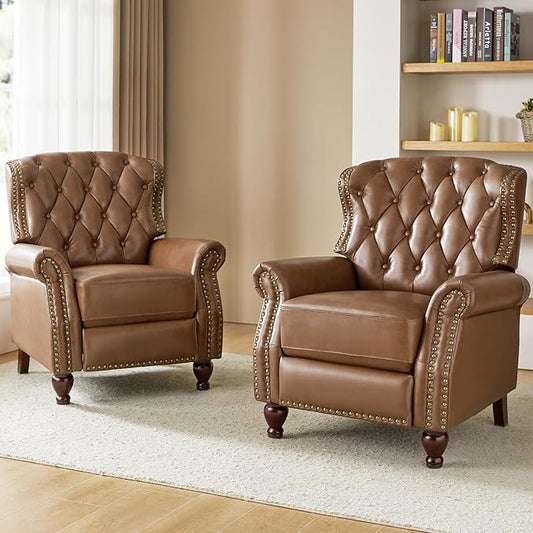 HULALA HOME Genuine Leather Recliner Chair Set of 2 w/Solid Wood Legs, Modern Adjustable Tufted Push Back Arm Chair w/Rivet Decoration, Home Theater Seating Reclining Sofa for Living Room, Camel