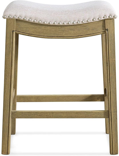 ROME + OAK Set of 4 Parker 26" Counter Stool, Backless Saddle Kitchen Barstool in Natural Wood Finish with Wheat Cream Fabric Upholstery Cushion Seat
