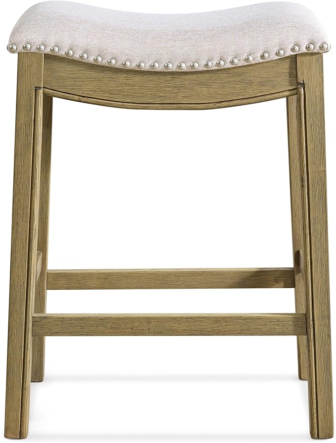 ROME + OAK Parker 26 Inch Counter Stool, Backless Saddle Kitchen Barstool in Natural Wood Finish with Wheat Cream Fabric Upholstery Cushion Seat