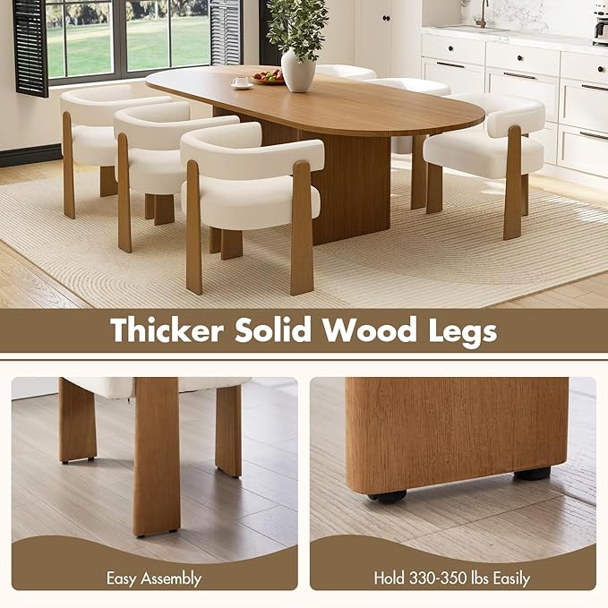 Upholstered White Velvet Dining Chairs Set of 4, Boho Modern Barrel Accent Armchairs, Thick Padded Seat & Natural Wooden Legs, Mid Century Inspired Kitchen/Dining Room Chairs, Creamy White