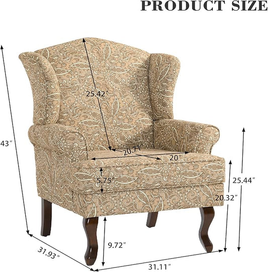 Pia Ricco Paisley High Back Floral Accent Chair, Upholstered Fabric Armchair with Solid Wood Legs - Retro Living Room Reading Chair, Comfortable Single Sofa Seat-Brown