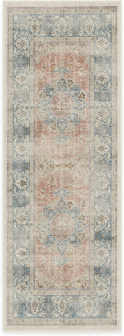 RUGGABLE Washable Vintage Runner Rug – Sarrah Coral 2.5x7, Stain-Resistant, Non-Slip Hallway Runner – Machine Washable Rug for Hallway, Entryway, Living Room & Kitchen–with Cushioned Pad