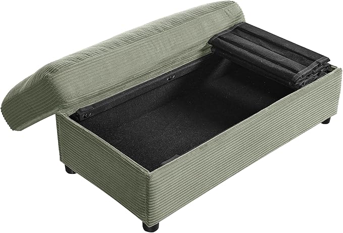 Christopher Knight Home Zoe Oversized Chaise Lounge Chair Indoor with Cup Holders & USB Charging Port, Corduroy Upholstered Sofa Bed + Ottoman with Storage, Comfy Deep Seat Sleeper Sofa Chair, Green