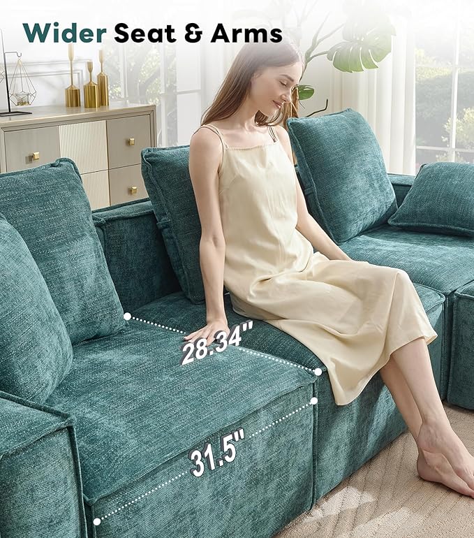 WILLOVE 141'' Modular Sectional Sofa, Chenille Cloud Couch with Wide Armrests & 6 Pillows, Deep Seat Couches for Living Room, Green