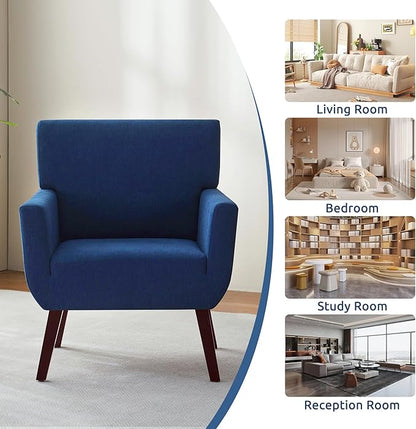 Upholstered Accent Chair,Mid Century Modern Office Fabric Small Living Room Chair with Arm,Comfy Wingback Armchair for Bedroom Reading Dark Blue