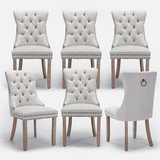 Linen Upholstered Dining Chairs Set of 6, Modern Style Kitchen Side Chairs with Nailhead Trim and Wood Leg, Metal Pulling Ring for Dining Room Living Room(Beige,Set of 6)
