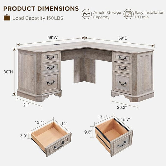 T4TREAM L Shaped Desk with Drawers,59" Farmhouse Wood Home Office Executive Desk,Charging Station,File Drawer, Storage Cabinet,Computer Desk for Work and Study (Light Rustic Oak)