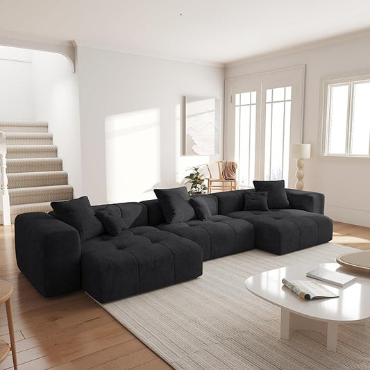 WJShome 144" Sectional Couches for Living Room,Modular Sectional Sofa, U Shaped Couch, Linen Deep Seat Cloud Couches with Pillow for Living Room,Black