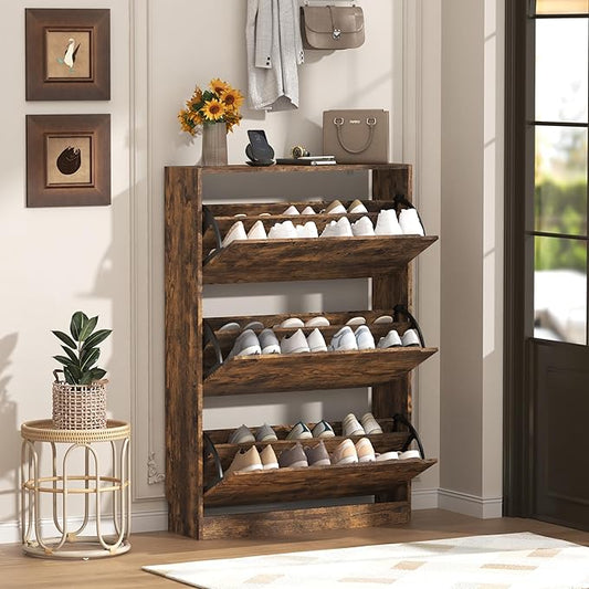Shoe Storage Cabinet with 3 Flip Drawers, Slim Hidden Wood Shoe Cabinet Storage for Entryway, Freestanding Narrow Shoe Rack Organizer with Adjustable Shelves for Foyer, Hallway, Brown