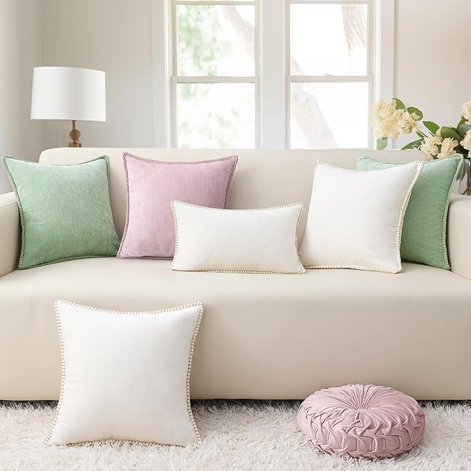 decorUhome Christmas Chenille Soft Throw Pillow Covers 16x16 Set of 2, Farmhouse Velvet Neutral Decorative Euro Pillow Covers with Stitched Edge for Couch Sofa Bed Home Decor, Sage Green