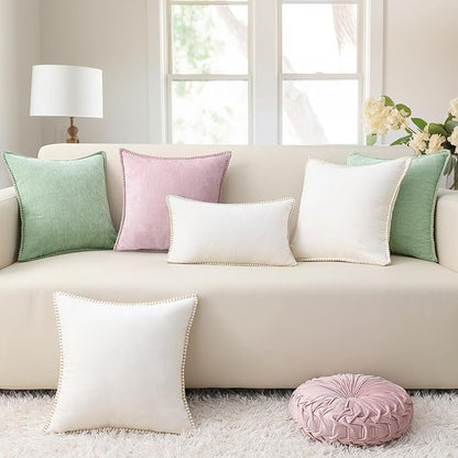 decorUhome Christmas Chenille Soft Throw Pillow Covers 16x16 Set of 2, Farmhouse Velvet Neutral Decorative Euro Pillow Covers with Stitched Edge for Couch Sofa Bed Home Decor, Sage Green