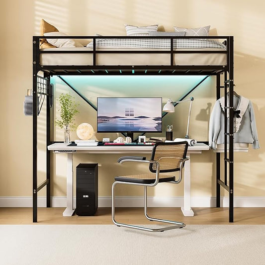 Loft Bed Twin,Loft Bed with Built-in Power Outlet LED Lights,Clothing Hanger,Storage Pouch,Heavy Duty Metal Safety Guard Rail for Kids Teens Adults,No Box Spring Needed,Black