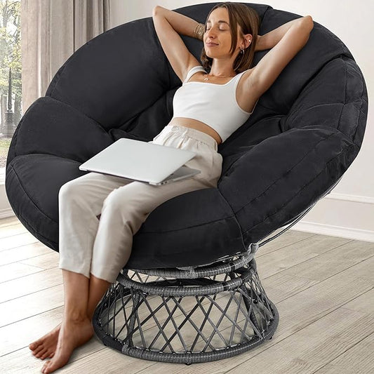 46" Giant Oversized Rattan Papasan Chair with Cushion and Frame for Adults, Fluid 360° Swivel, Waterproof, Grey Frame with Black Cushion