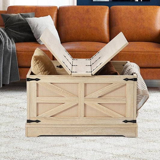 VEVOR Rattan Coffee Table, Rectangle PE Rattan Woven Wood Coffee Table with MDF Top, 32-Inch Modern Boho Style Storage Table with Retro Metal Hinges, for Living Room, Bedroom & Small Spaces