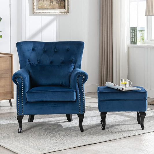 chairus Mid-Century Modern Accent Chairs with Ottoman Set of 2, Comfy Velvet Single Sofa Chair Button Tufted Wingback Armchairs with Pillow for Living Room/Bedroom/Club - Blue