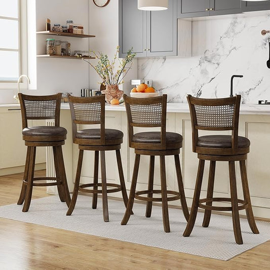 COSTWAY 30” Swivel Bar Height Barstool Set of 2, Rubber Wood Bar Stools with Rattan Backrest, Footrest, Upholstered Leathaire Armless Chairs for Kitchen Island, Pub, Brown(2, 30” Seat Height)