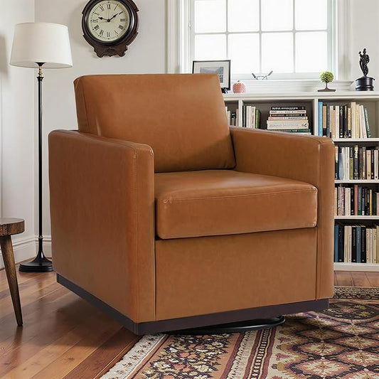 Pia Ricco Single Swivel Barrel Chair, Modern Accent Armchair in Easy-Clean PU Leather, Mid-Century Style for Living Room or Home Office, Brown