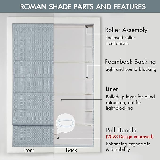 Madison Park Galen Cordless Roman Shade, 23"W x 64"H, Sheen Blue – Room Darkening, Thermal Insulated, Energy Efficient Window Blind with Subtle Sheen Basketweave Fabric for Privacy