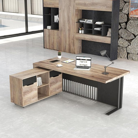 70.87 Inch L Shaped Executive Office Desk with 2 Drawers, Modern Home Office with File Cabinet, Business Furniture W/Stand Under Storage Organizer with 4 Wheels