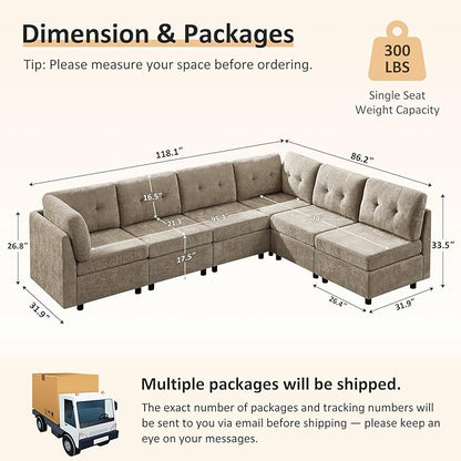 VANOMi 6 Seater Modular Cloud Sofa, 118" Convertible Sectional Cloud Sofas & Couches for Living Room, Comfy Chenille Sectional Couch Sofa for Living Room, Apartment, Office, Camel, L/U Shaped