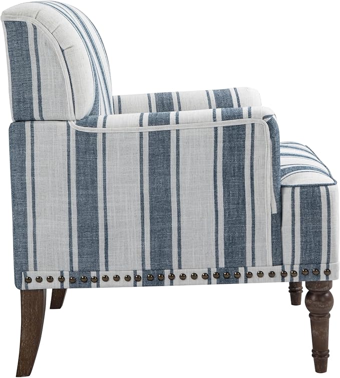 UIXE Stripe Accent Chair Arm Chair, Modern Nailhead Trim Club Armchair with Wood Legs, Comfy Living Room Single Sofa Reading Seat Bedroom Side Seating for Home Office, Dark Blue
