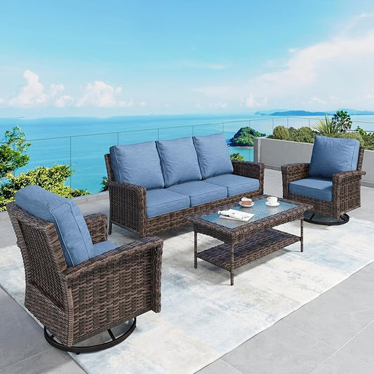 Patio Furniture Set with Swivel Chairs, High Back Wicker Rattan Furniture with 5.5" Thick Cushions and Coffee Table, Outdoor Conversation Set for Backyard Deck,5 Seats, Blue