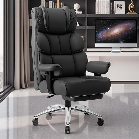 Office Desk Chair, Big and Tall Leather Gaming Chair with Footrest, Wide Ergonomic Comfy Executive High-Back Reclining Computer Chairs, Swivel Rolling Wheels and Padded Lumbar Support, Black