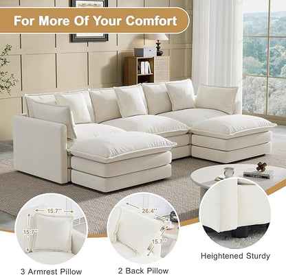 Modular Sectional Sofa, U-Shaped Cloud Sofa with Deep Seat, 111.5 Inch Chenille Sofa with Cushions, 3-Self Sectional Sofa for Living Room Apartment, White