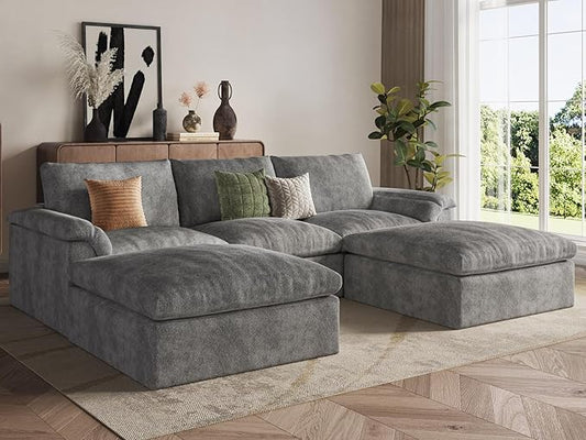 EASE MOOSE Oversized Cloud Couch Sectional Sofa, U-Shaped Modular Couch for Living Room, Minimalist Boneless Convertible Couches with Ottoman, 5-Seat Deep Sofas for Bedroom, Chenille (Grey)