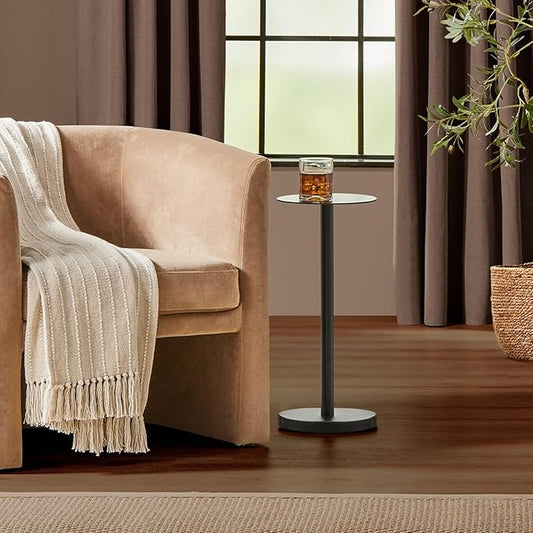 mDesign Glass Top Side/End Drink Table - Tall Modern Round Accent Metal Nightstand Furniture for Living Room, Dorm, Home Office, and Bedroom - 9" Round - Matte Black