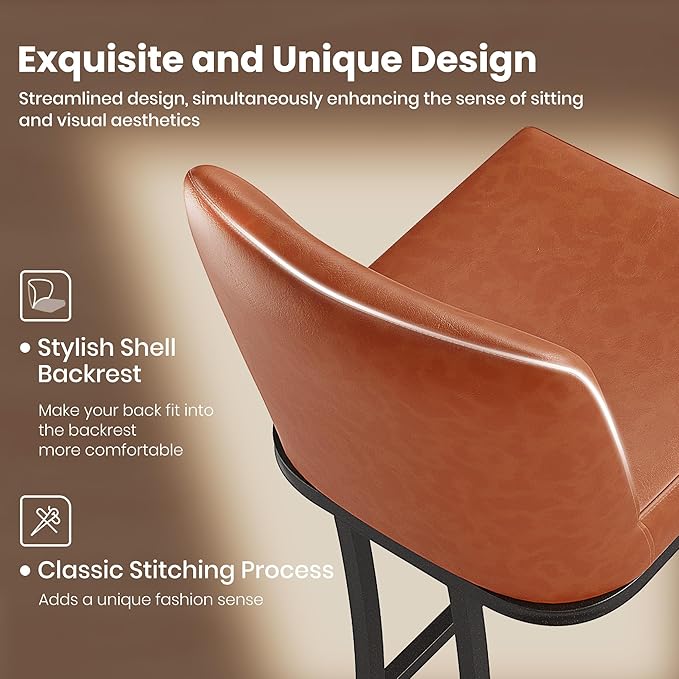 PHI VILLA Brown Bar Stools Set of 6, Faux Leather Counter Height Chairs, Kitchen Stools for Island, 24 Inch Barstools with Back