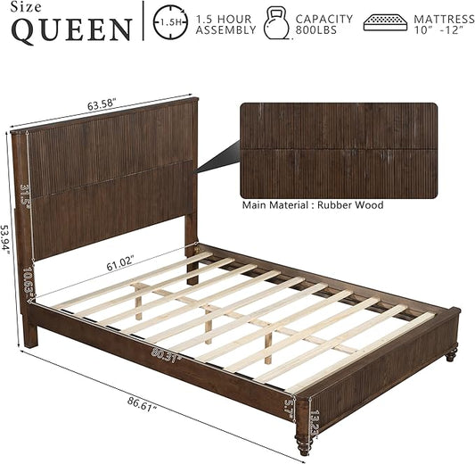 Queen Size Solid Wood Platform Bed Frame, Solid Wood Bed with 63.58" Headboard, Solid Wood Leg/No Box Spring Needed/Noise Free/Brown