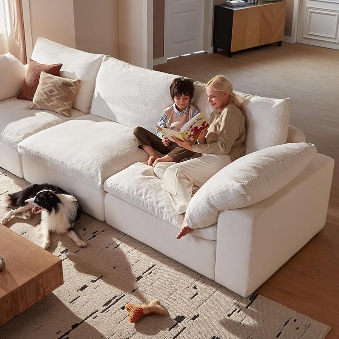 Modular Cloud Sofa, 110.2" Cloud Sectional Couches with Deep Seat, L-Shape 3-Seat Couch with Ottoman for Living Room, Modern Comfy Couch with Washable Cover, Wide Armrest (White,1 Ottoman)