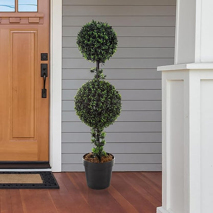 Set of 2 Topiary Trees - 36-Inch Double Ball Podocarpus Fake Plants - Realistic Indoor or Outdoor Potted Faux Plants for Home Decor by Pure Garden