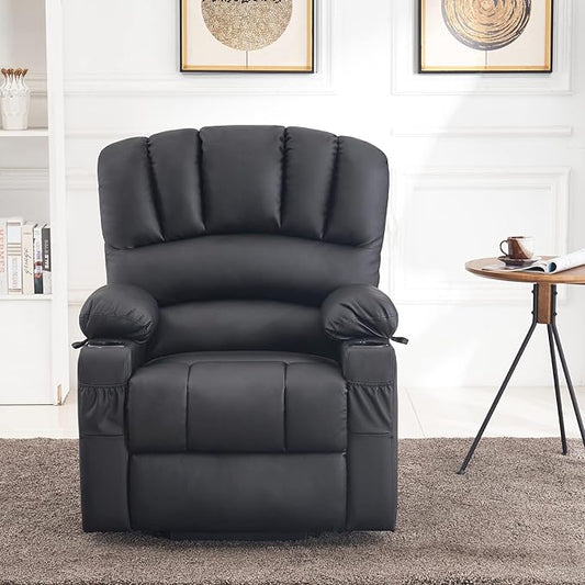 MCombo Power Lift Recliner Chair for Elderly, Lift Chair with Heat and Massage, USB &Type C Ports, Cup Holders, Faux Leather 7095 (Medium, Black)