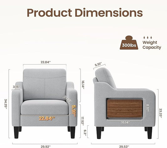 Accent Chair for Living Room Modern Linen Upholstered Armchair Side Wooden Fabric Sofa Chair with Foldable Table 2 Side Pockets Comfy Reading Chair for Bedroom
