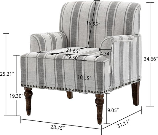 UIXE Stripe Accent Chair Arm Chair, Modern Nailhead Trim Club Armchair with Wood Legs, Comfy Living Room Single Sofa Reading Seat Bedroom Side Seating for Home Office, Gray