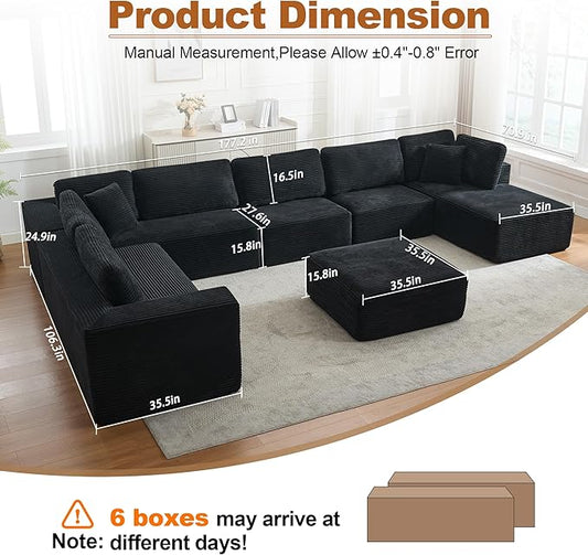 Modular Sectional Cloud Couch for Living Room,Modern Boneless Couche Set with Plush Corduroy,Comfy Floor Sofa with Memory Foam,Stupendous U Shaped Sofa with Ottoman,No Assembly Required,Black