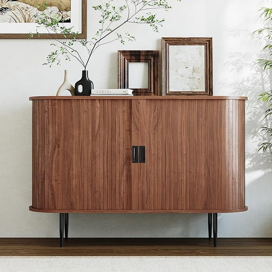ARTPOWER 47.2" Sideboard Buffet Cabinet with Tambour Door, 6 Heights Adjustable Shelves, Accent Console Cabinet with Storage, Modern Credenza for Living Room, Dining Room, Entryway, Walnut