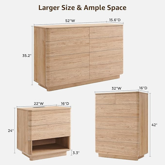 ACCOHOHO Modern Bedroom Set, 3 Pieces Bedroom Furniture Set, Includes 8 Drawers Dresser, 6 Dressers Organizer,Nightstand, Chest of Drawers Wide Storage Organizer Cabinet for Bedroom, Natural Oak
