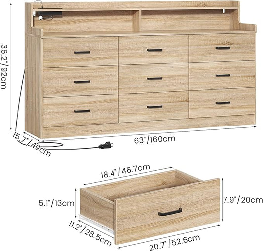 Bigbiglife 9 Drawer Dresser with Built-in Power Outlet, Mid Century Modern Chest of Drawers for Bedroom,63'' Triple Wide Dresser Storage Cabinet for Closet, Living Room, Entryway,Light Wood
