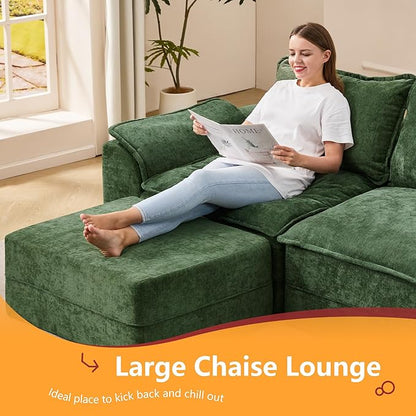 Hobestluk 120" Cloud Modular Sectional Couch 3-Seater Sofa with Ottomans U Shaped Couch Deep Seat Sofa with Removable Cover Large Sofa for Living Room (Green, 3-Seater Sofa with Two Ottomans)