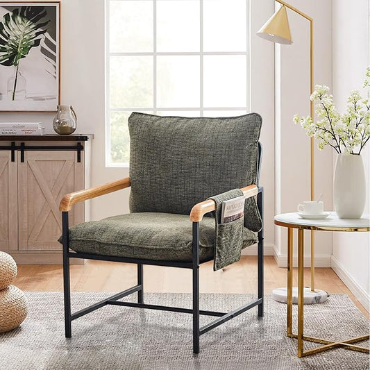 CLIPOP Modern Accent Chair, Modica Fabric Comfy Reading Chair with Wood Arms, Removable Cover, Side Pocket, Soft Cushion, Leisure Living Room Armchair for Bedroom, Home Office, Green