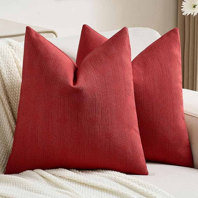 FUTEI Christmas Red Chenille Decorative Throw Pillow Covers 26x26 Inch Set of 2,Soft Cozy Striped Geometric Patterns Euro Pillow Shams,Modern Home Decor for Couch Bed Living Room