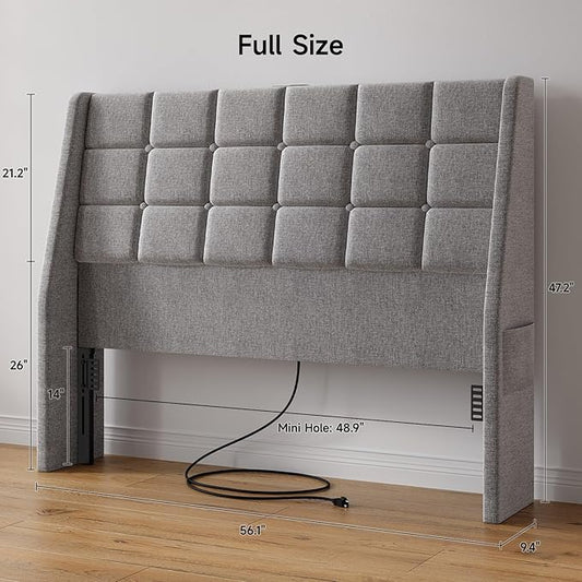 ONBRILL Ergonomic Upholstered Full Size Headboard w/Charging Station, Linen Wingback Headboards w/Storage Pocket, Full Headboard Only, Bed Frame Adapters, Sturdy Solid Wood Bed Head Board, Light Grey