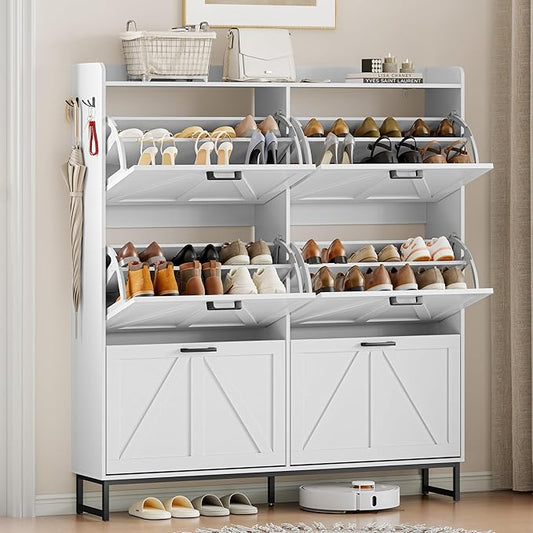 Shoe Cabinet Storage for Entryway, Shoe Storage Cabinet with 6 Flip Drawers, Freestanding Narrow Shoe Rack Organizer with Metal Legs, Adjustable Shelves & Open Storage for Foyer, Hallway, White