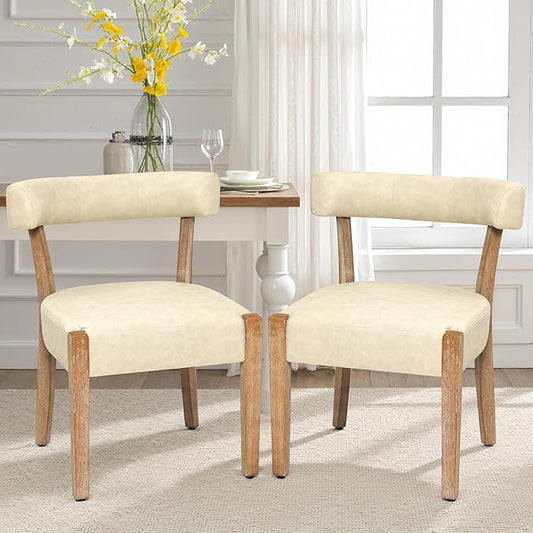 Modern Dining Chairs Set of 2, Faux Leather Upholstered Kitchen & Dining Room Chairs, Mid Century Modern Wooden Dining Chairs Oversized Sturdy Rounded Chairs Curved Back, Beige