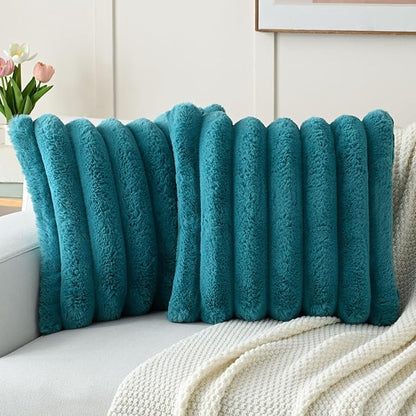 FUTEI Teal Decorative Throw Pillow Covers 18x18 Inch Set of 2, Square Soft Faux Rabbit Fur Thick Striped Cushion Cover,Winter Home Decor for Couch Bed Living Room