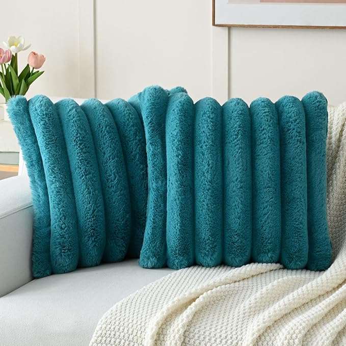 FUTEI Teal Decorative Throw Pillow Covers 20x20 Inch Set of 2, Square Soft Faux Rabbit Fur Thick Striped Cushion Cover,Winter Home Decor for Couch Bed Living Room